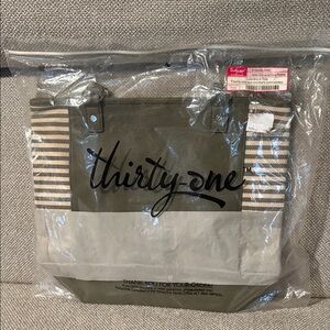Thirty-One Colorblock Tote Olive Striped Tote NEW